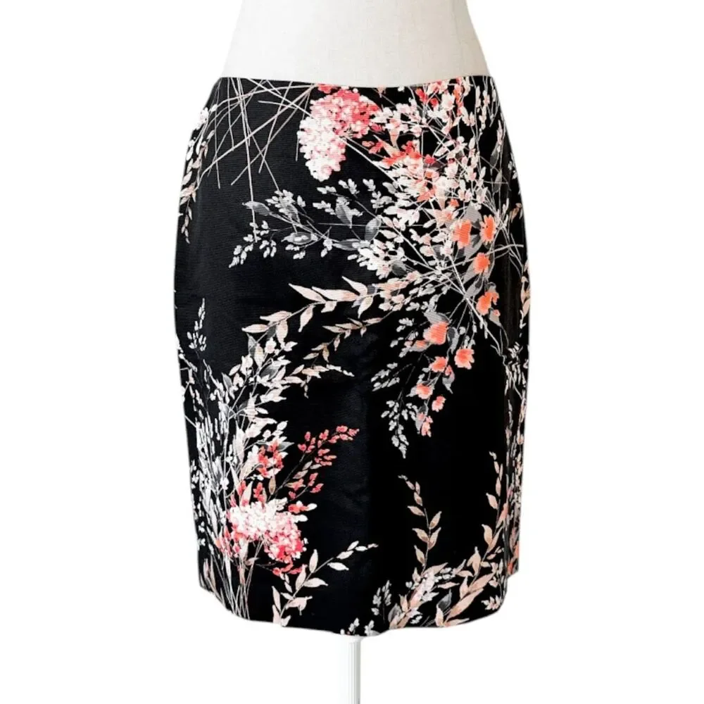 Vintage Y2K Black Floral Print Knee Length Straight Pencil Bodycon Skirt Size M